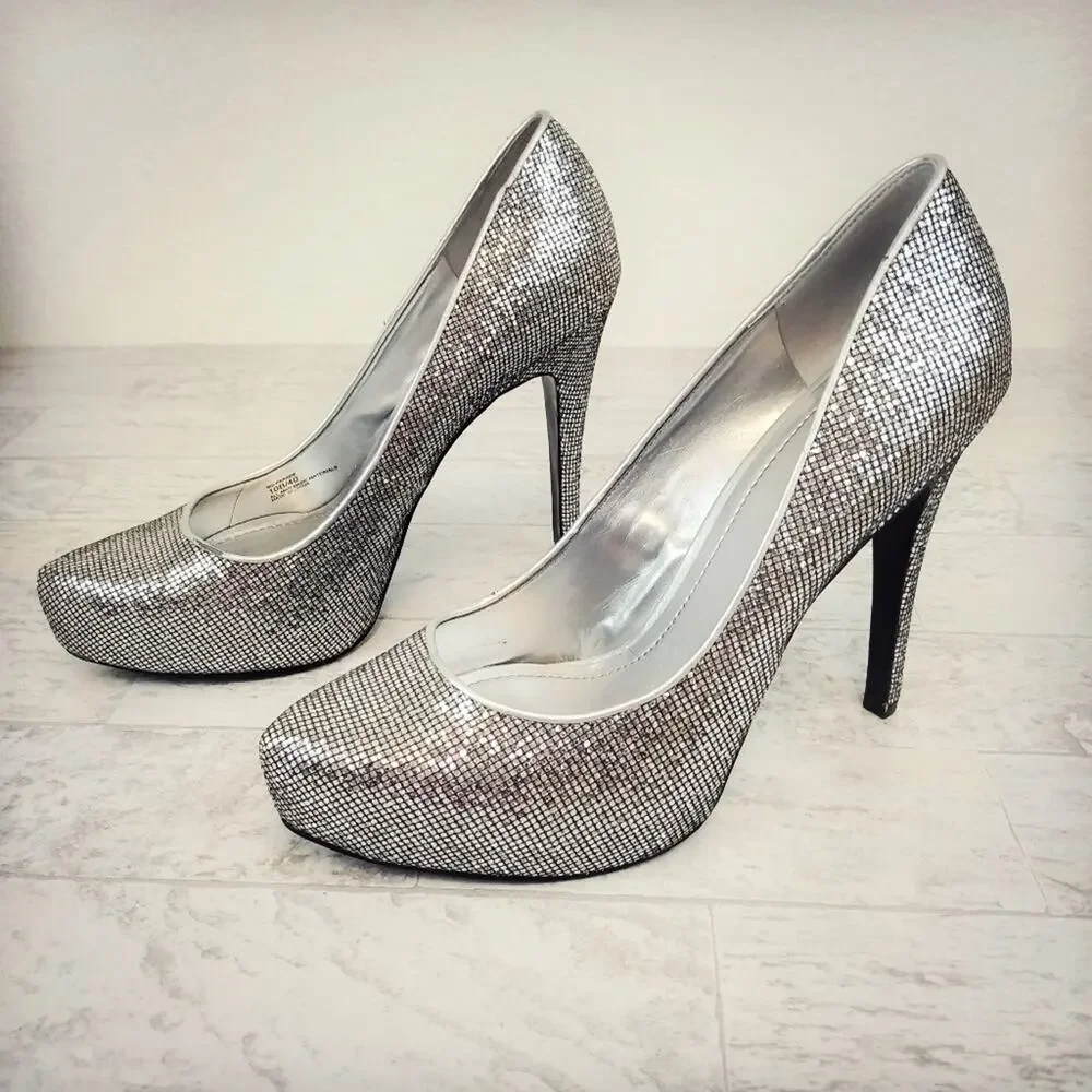 BCBG Silver/Candie Glitter Parade Platform Heels